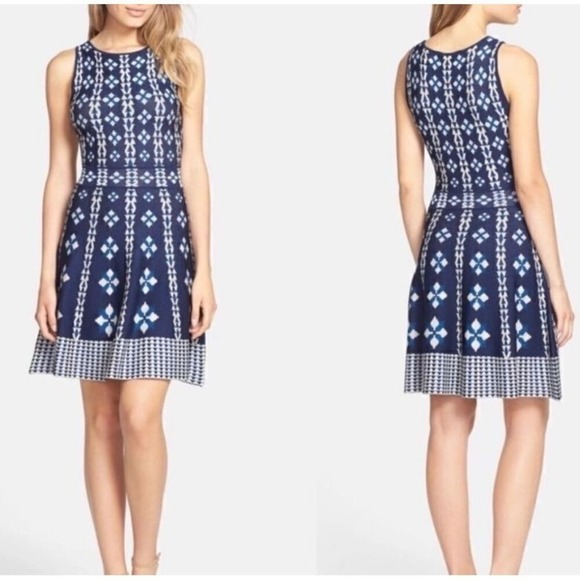 Cynthia Steffe Women's XS Carmela Floral Fit Flare Knit Sweater Dress Blue Rayon - Picture 1 of 6